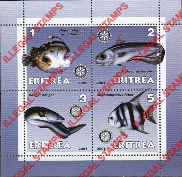 Eritrea 2001 Fish Counterfeit Illegal Stamp Souvenir Sheet of 4 Eritrea 2001 Fish Counterfeit Illegal Stamp Souvenir Sheet of 4